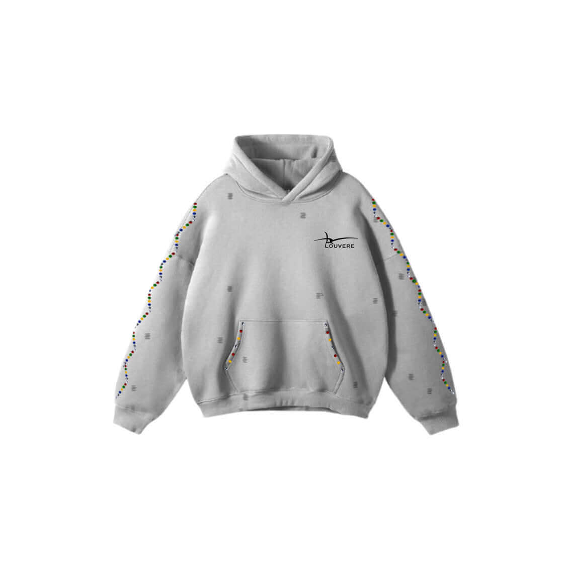 Louvere Claw Stone Hoodie in light grey with charcoal wash, featuring hand-sewn accents and precision print logo.