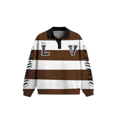Louvere 'Mocha' Polo shirt in brown and white stripes, featuring premium embroidery and a relaxed fit.